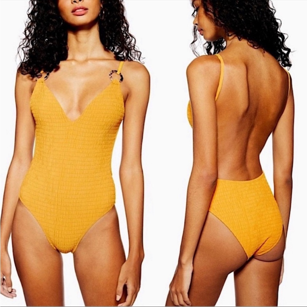 TOPSHOP SWIM yellow ring plunge one-piece swimsuit